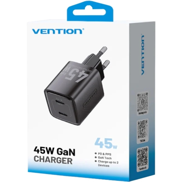 Зарядний пристрій 45W 2xUSB-С GaN чорний Vention