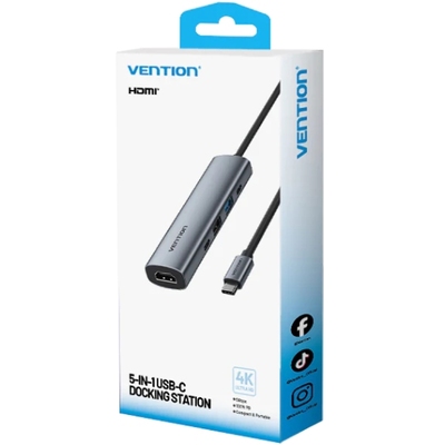 Док-станція USB3.0 Type-C --> HDMI /USB 3.0/USB 2.0/Type-C 2.0/ PD 100W Hub 5-in-1 Vention