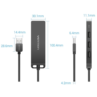 Хаб USB 2.0 -> 4xUSB 2.0, 0.15м, Black Vention