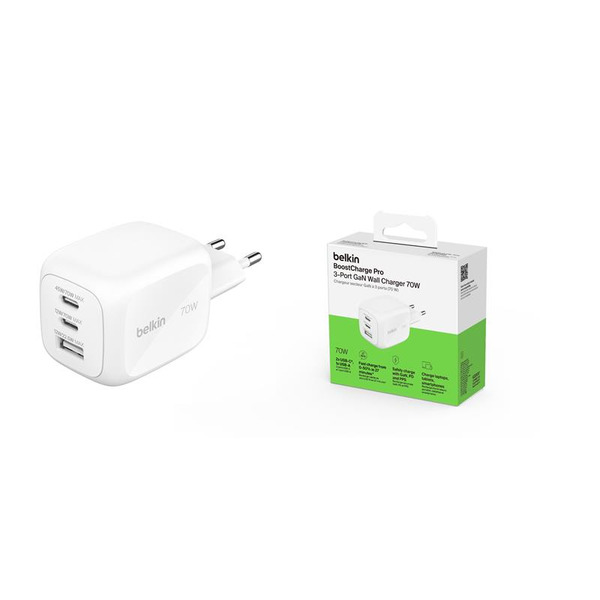 Зарядний пристрій мережевий Belkin 70Вт 2хUSB-С/USB-A GAN PD PPS, білий