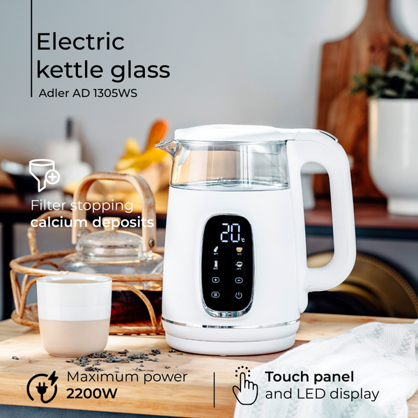 Електрочайник Adler AD 1305 white silver 1850-2200Вт/ 1.7л/ скло/ встановлення температури/