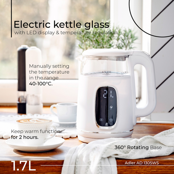 Електрочайник Adler AD 1305 white silver 1850-2200Вт/ 1.7л/ скло/ встановлення температури/