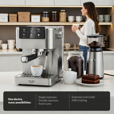 Кавомашина Adler AD 4390 ріжкова/ 1350 Вт/ 20 бар/ 1,5л/ мелена/ капучінатор/сіра