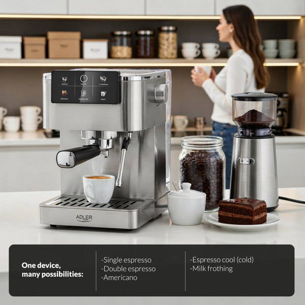 Кавомашина Adler AD 4390 ріжкова/ 1350 Вт/ 20 бар/ 1,5л/ мелена/ капучінатор/сіра