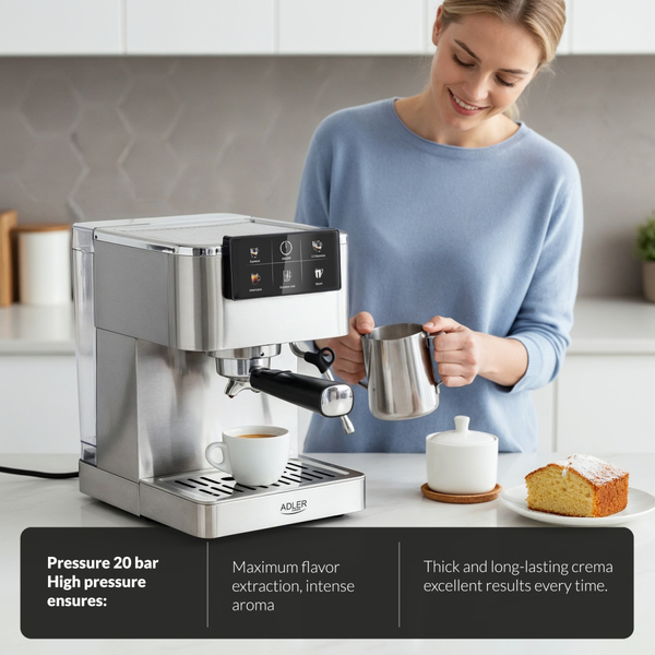 Кавомашина Adler AD 4390 ріжкова/ 1350 Вт/ 20 бар/ 1,5л/ мелена/ капучінатор/сіра