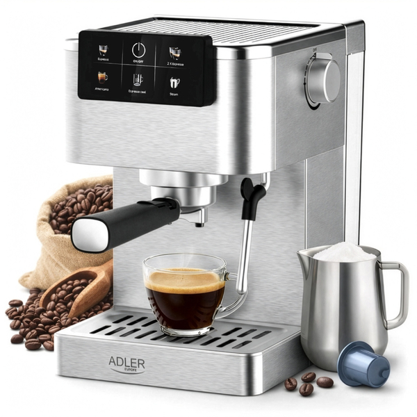 Кавомашина Adler AD 4390 ріжкова/ 1350 Вт/ 20 бар/ 1,5л/ мелена/ капучінатор/сіра