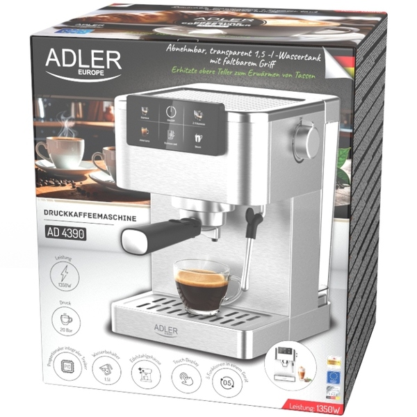 Кавомашина Adler AD 4390 ріжкова/ 1350 Вт/ 20 бар/ 1,5л/ мелена/ капучінатор/сіра