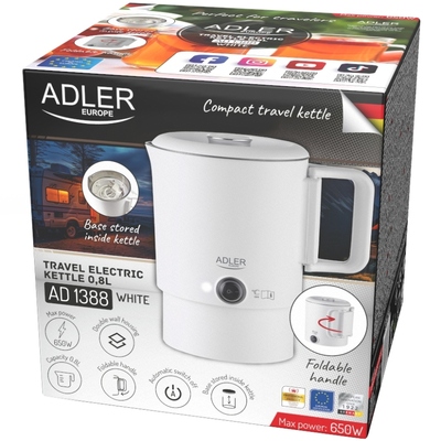 Електрочайник Adler AD 1388w дорожній 650Вт/ 0.8л/ подвійні стінки/ автовимкнення/ білий
