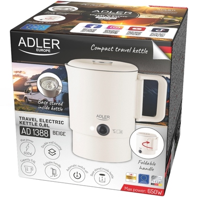 Електрочайник Adler AD 1388b дорожній 650Вт/ 0.8л/ подвійні стінки/ автовимкнення/бежевий