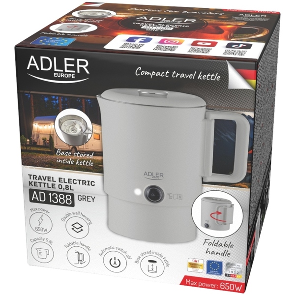 Електрочайник Adler AD 1388g дорожній 650Вт/ 0.8л/ подвійні стінки/ автовимкнення/сірий