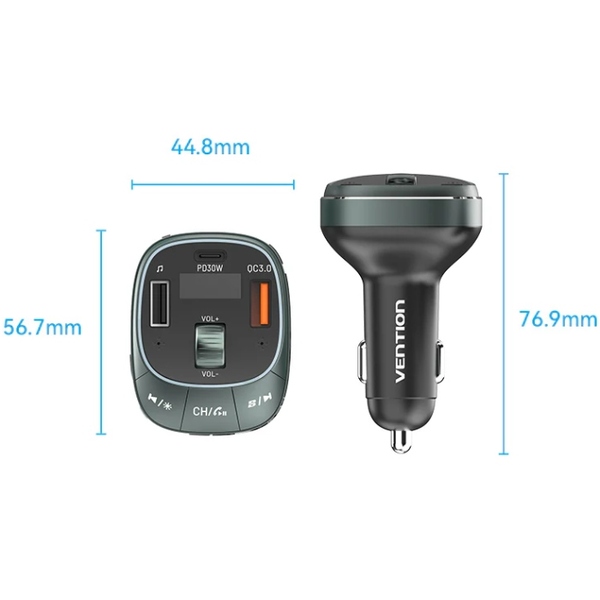 автомобильный FM-трансмиттер Vention PD 54W 3-Port USB (C+A+A) LED/USB Flash/Bluetooth, вольтметр