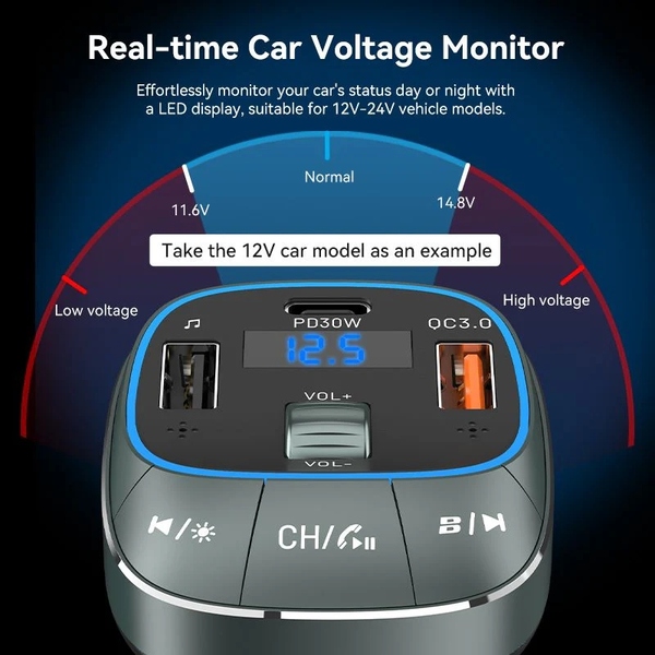 автомобильный FM-трансмиттер Vention PD 54W 3-Port USB (C+A+A) LED/USB Flash/Bluetooth, вольтметр