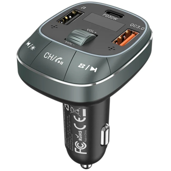 автомобильный FM-трансмиттер Vention PD 54W 3-Port USB (C+A+A) LED/USB Flash/Bluetooth, вольтметр