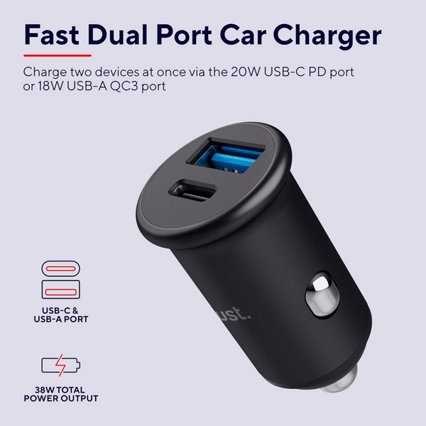 Автомобільний зарядний пристрій Trust 38W USB-A/Type-C PD, QC, Black (25197_TRUST)