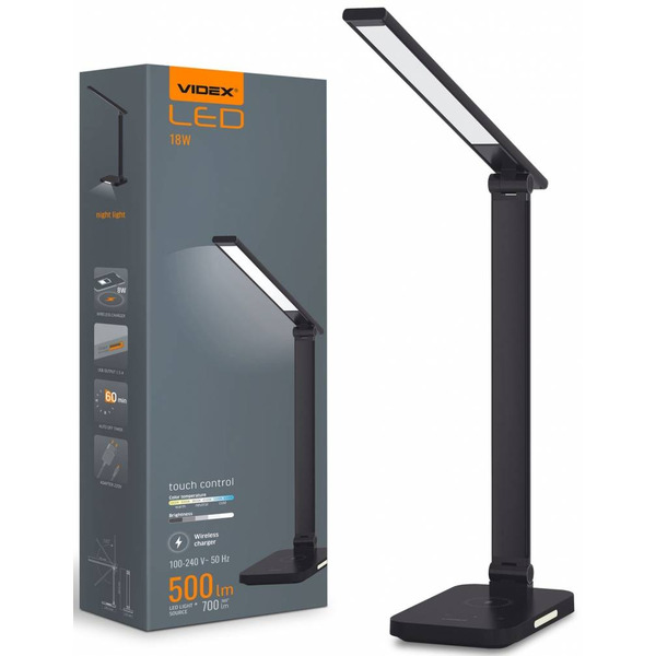Настільна LED лампа Videx VL-TF17B Black з бездротовою зарядкою 18W (1800K-6500K)
