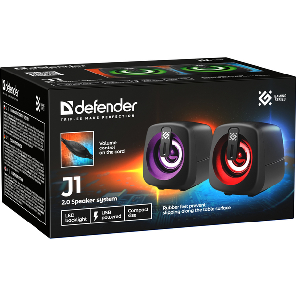 Компьютерные колонки 2.0 Defender J1, 6Вт, подсветка, USB, черная