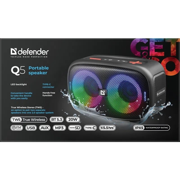 Портативная колонка 1.0 Defender Q5 20 Вт Bluetooth/FM/USB/TF/IPX5, LED, черная