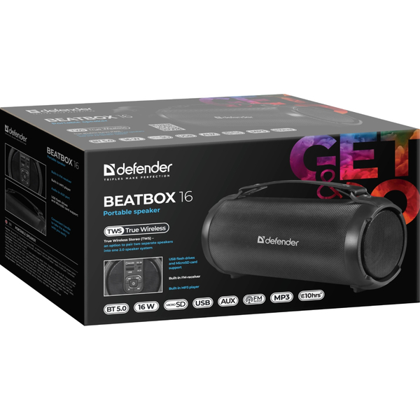 Портативная колонка Defender 1.0 Beatbox 16 16Вт, BT/FM/TF/USB/AUX/TWS