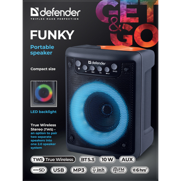 Портативная колонка 1.0 Defender Funky 10Вт, Light/BT/FM/USB/MIC/AUX