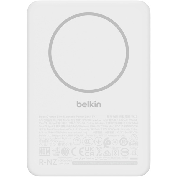 Портативное зарядное устройство Power Bank Belkin 5000мАч, Slim Magnetic Wireless, белый