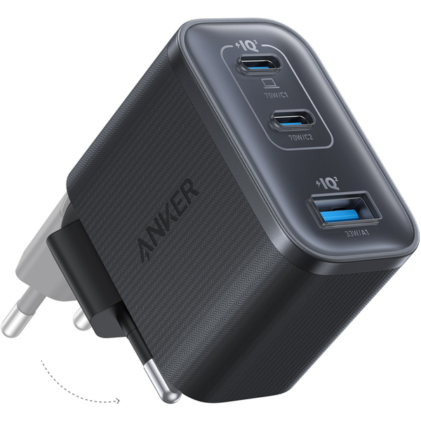 Мережевий зарядний пристрій Anker Charger - 70W, 2xUSB-C PD & 1xUSB-A Black