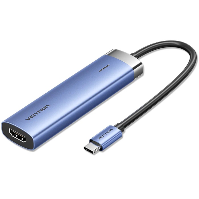 Док-станція USB3.1 Type-C --> HDMI/USB 3.0x3/PD 100W Blue Aluminum Alloy Hub 5-in-1 Vention