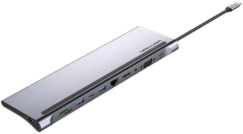 Док-станція USB3.1 Type-C --> HDMI/VGA/USB-C/USB3.0x3/RJ45/SD/TF/TRRS 3.5mm/PD 100W Vention 11in1