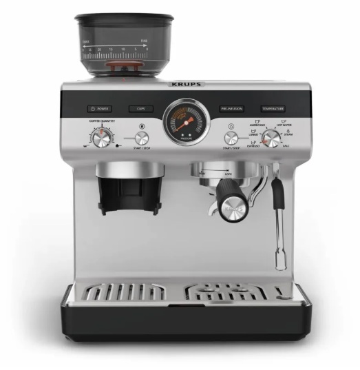 Кавоварка Krups ріжкова Precision+, 3.5л, вдубована кавомолка, ручний капучинатор, 15 бар, чорний-сірий