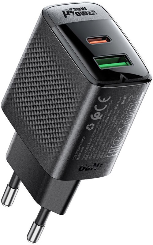 Зарядний пристрій 2xUSB 30W (USB-C+USB-A) Gan A98 Black Acefast
