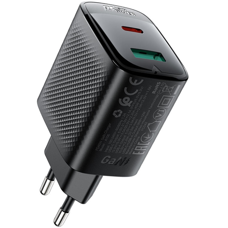Зарядний пристрій 2xUSB 45W (USB-C+USB-A) Gan A106 Black Acefast